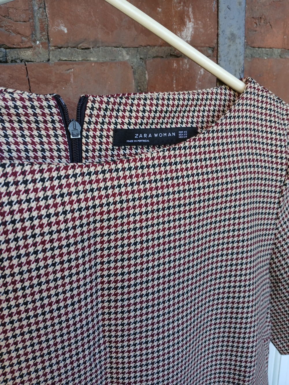 Zara Burgundy & Cream Houndstooth Dress